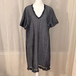 HIGHLINE L Chambray Blue Fringe V-Neck Tasseled Hem Short Sleeve Linen Dress